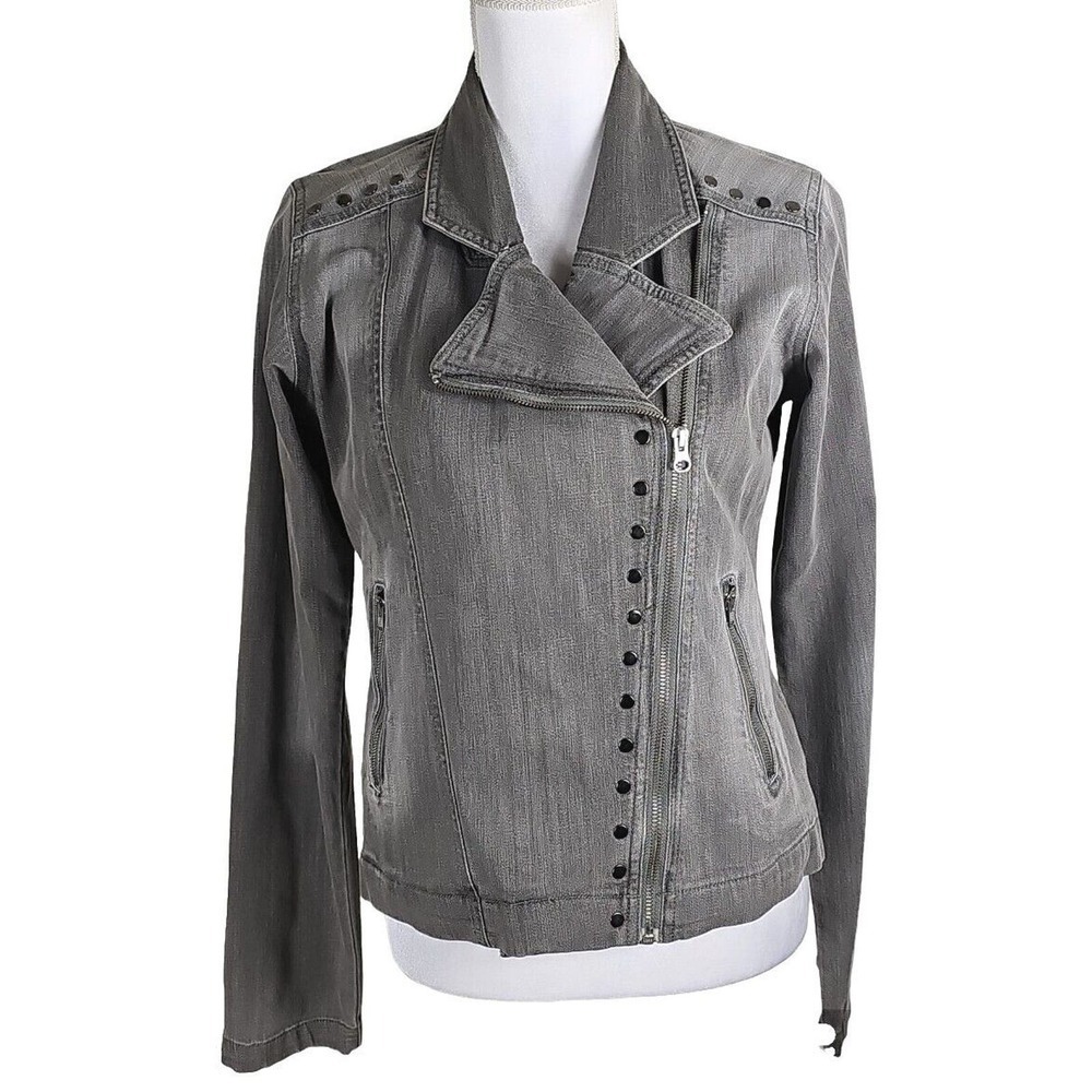 Rock 47 By Wrangler ~Woman Size M~ Gray Denim Jean Motorcycle Jacket Zip-Up.